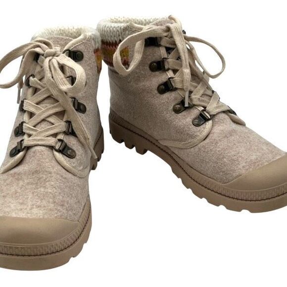 BILLABONG Women’s Zuri Lace-Up Ankle Boots 8.5 Beige Knit Cuff Lug Sole Shoes - Picture 3 of 11